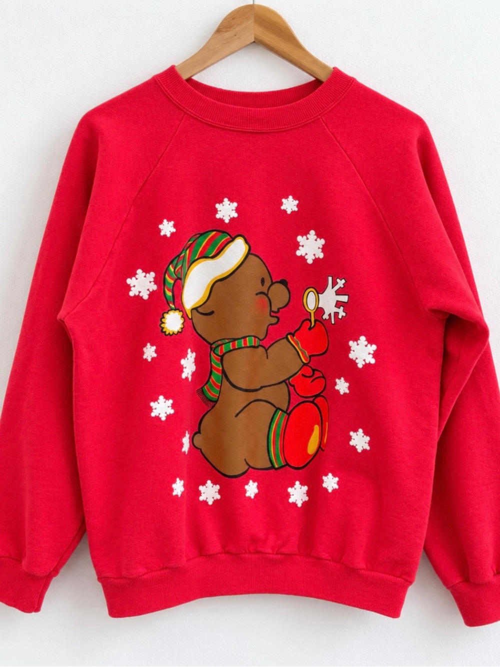 Vintage Hanes Christmas Teddy Bear Sweatshirt Adult L Red Retro Holiday